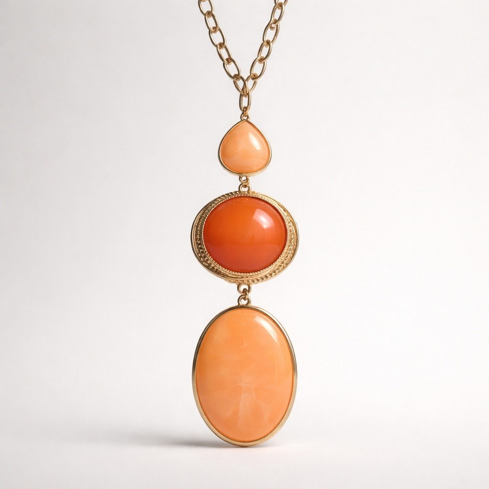 VTG Pendant Necklace Womens 29in Orange Peach Excellent Gold Tone Triple Stone - Picture 2 of 3